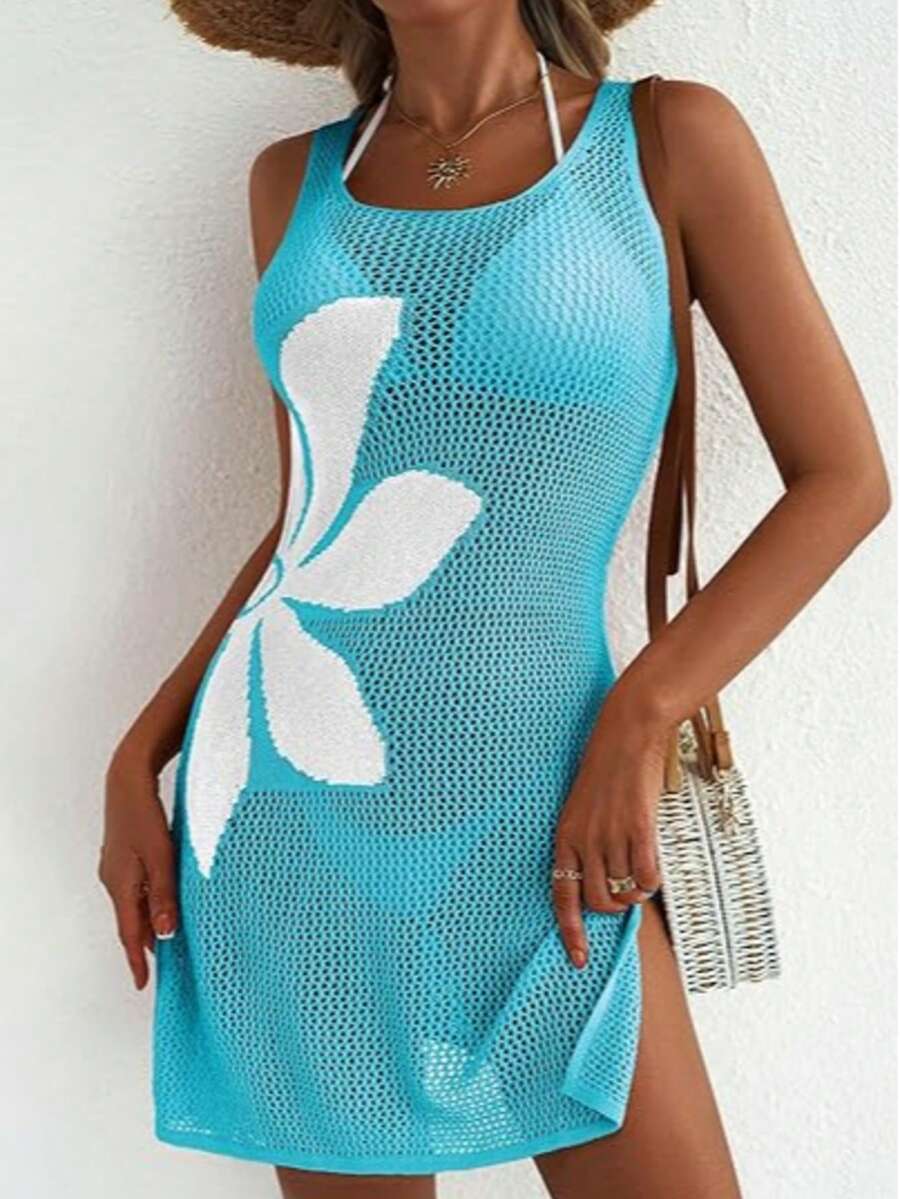Vestido Saída de Praia em Crochê Floral Vazado com Fenda - La Lecce