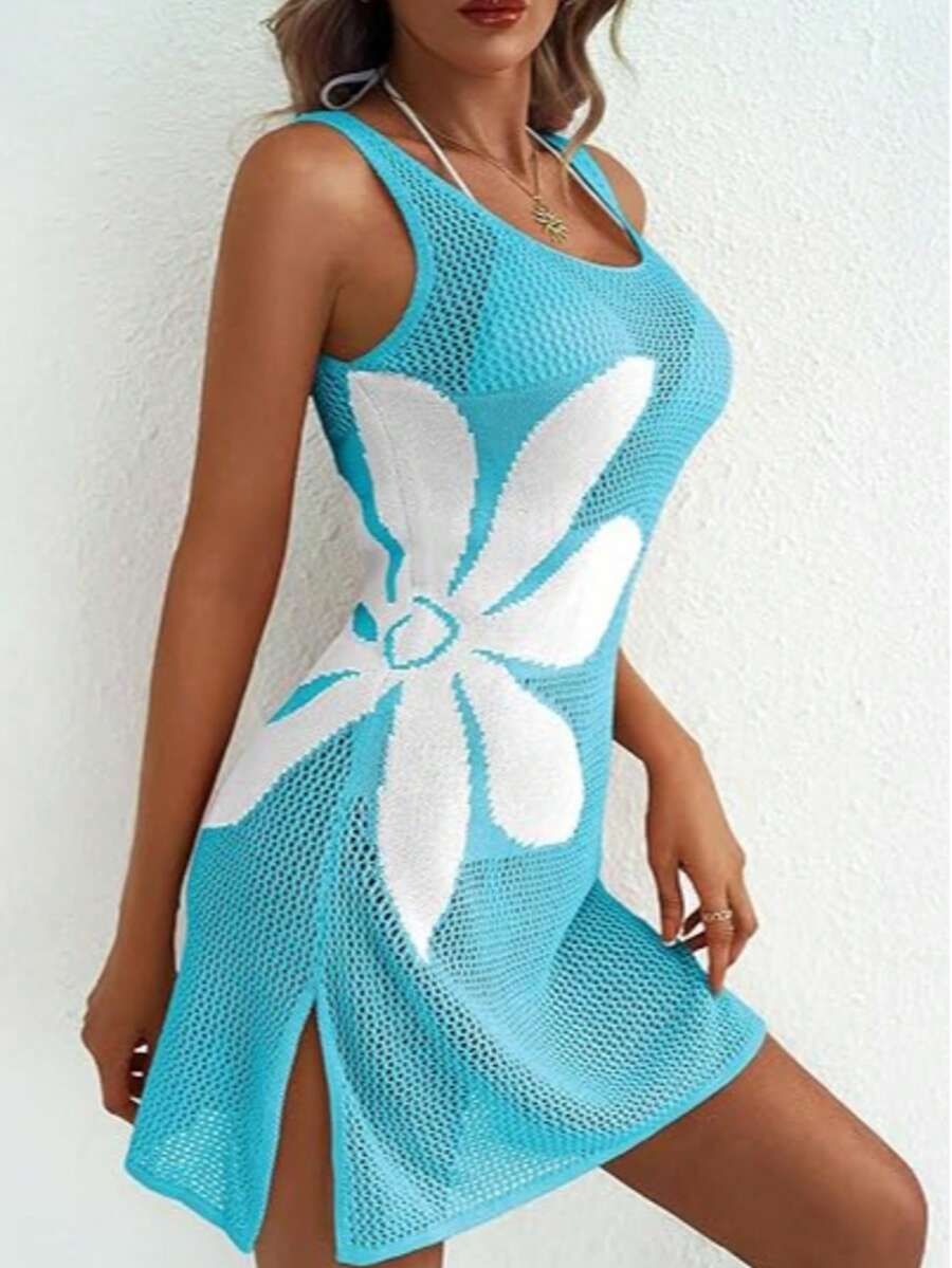 Vestido Saída de Praia em Crochê Floral Vazado com Fenda - La Lecce