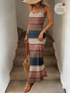 Vestido Maxi Listrado com Bainha Assimétrica - La Lecce