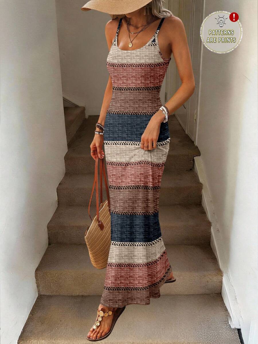Vestido Maxi Listrado com Bainha Assimétrica - La Lecce