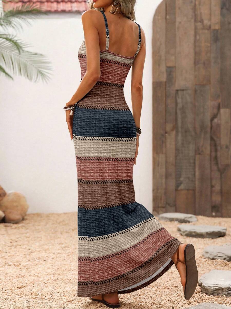 Vestido Maxi Listrado com Bainha Assimétrica - La Lecce