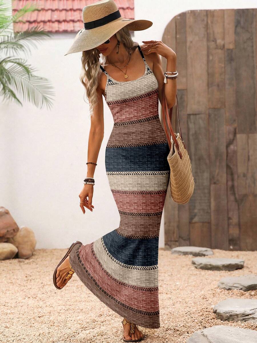 Vestido Maxi Listrado com Bainha Assimétrica - La Lecce