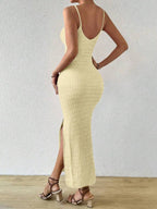 Vestido Longo Canelado com Alças Finas e Fenda Lateral - La Lecce