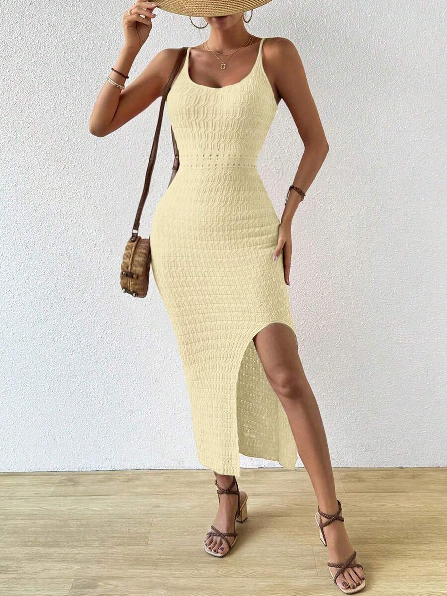 Vestido Longo Canelado com Alças Finas e Fenda Lateral - La Lecce