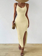 Vestido Longo Canelado com Alças Finas e Fenda Lateral