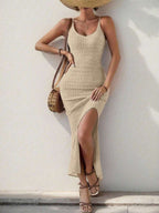 Vestido Longo Canelado com Alças Finas e Fenda Lateral - La Lecce