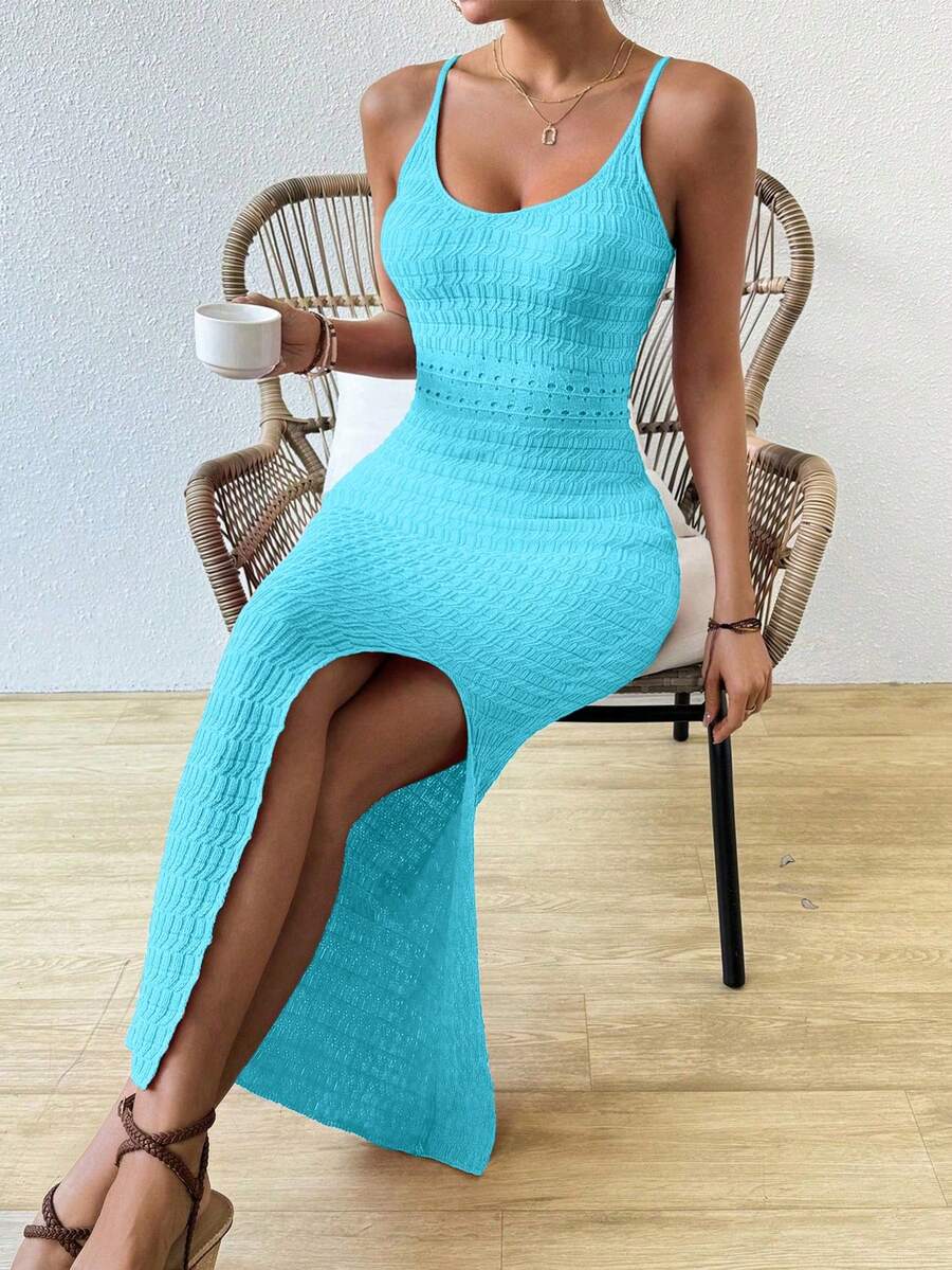Vestido Longo Canelado com Alças Finas e Fenda Lateral - La Lecce