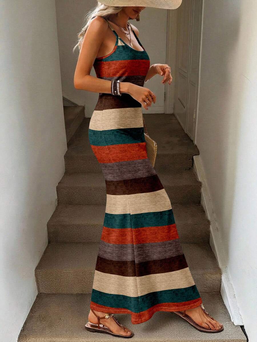 Vestido Maxi Listrado com Bainha Assimétrica - La Lecce