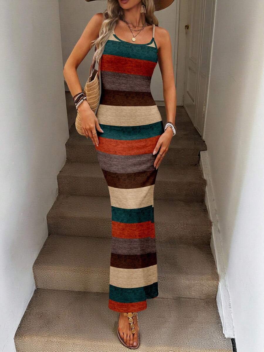 Vestido Maxi Listrado com Bainha Assimétrica - La Lecce