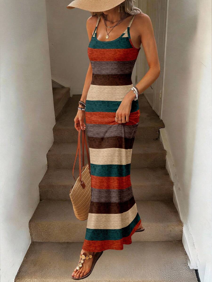 Vestido Maxi Listrado com Bainha Assimétrica - La Lecce