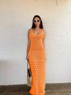 Vestido Saída de Praia Longo em Tricô com Costas Abertas