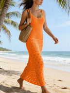 Vestido Saída de Praia Longo em Tricô com Costas Abertas