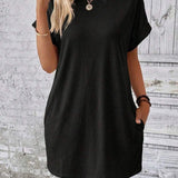Vestido Curto Camiseta com Bolsos e Manga Morcego