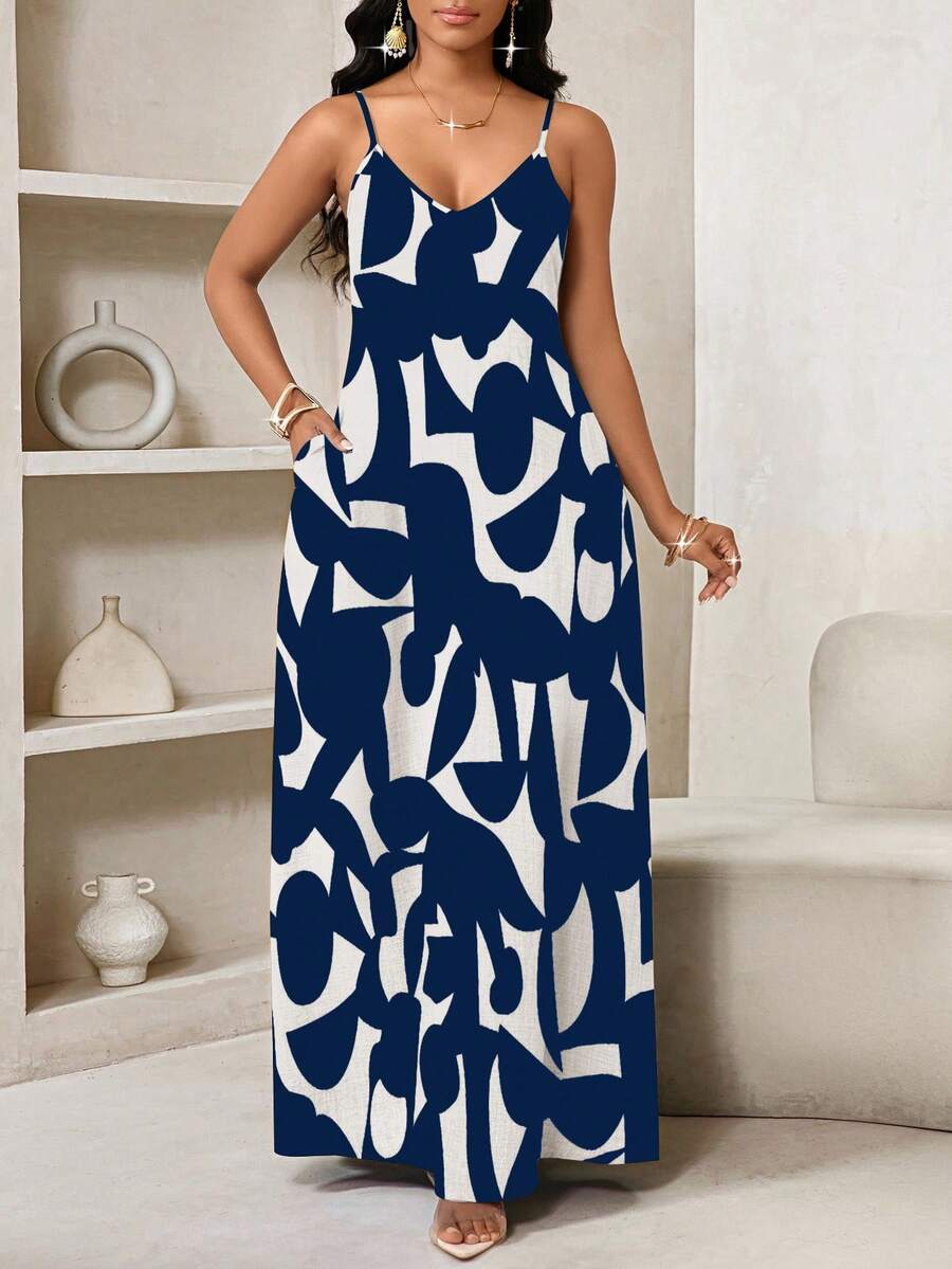 Vestido Maxi de Alças com Estampa Geométrica e Bolsos - La Lecce