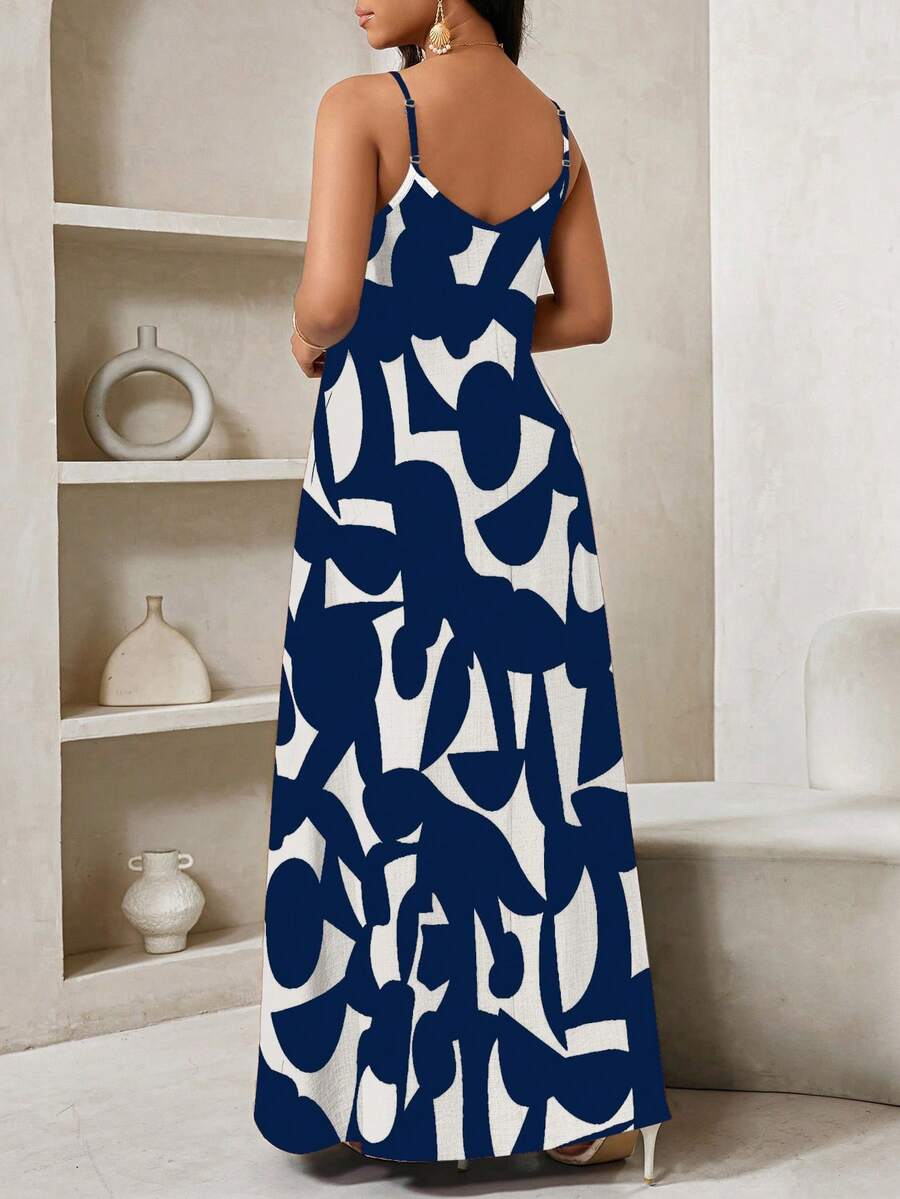 Vestido Maxi de Alças com Estampa Geométrica e Bolsos - La Lecce