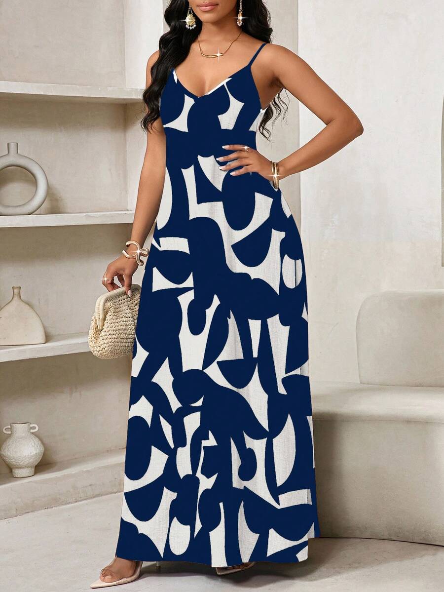 Vestido Maxi de Alças com Estampa Geométrica e Bolsos - La Lecce