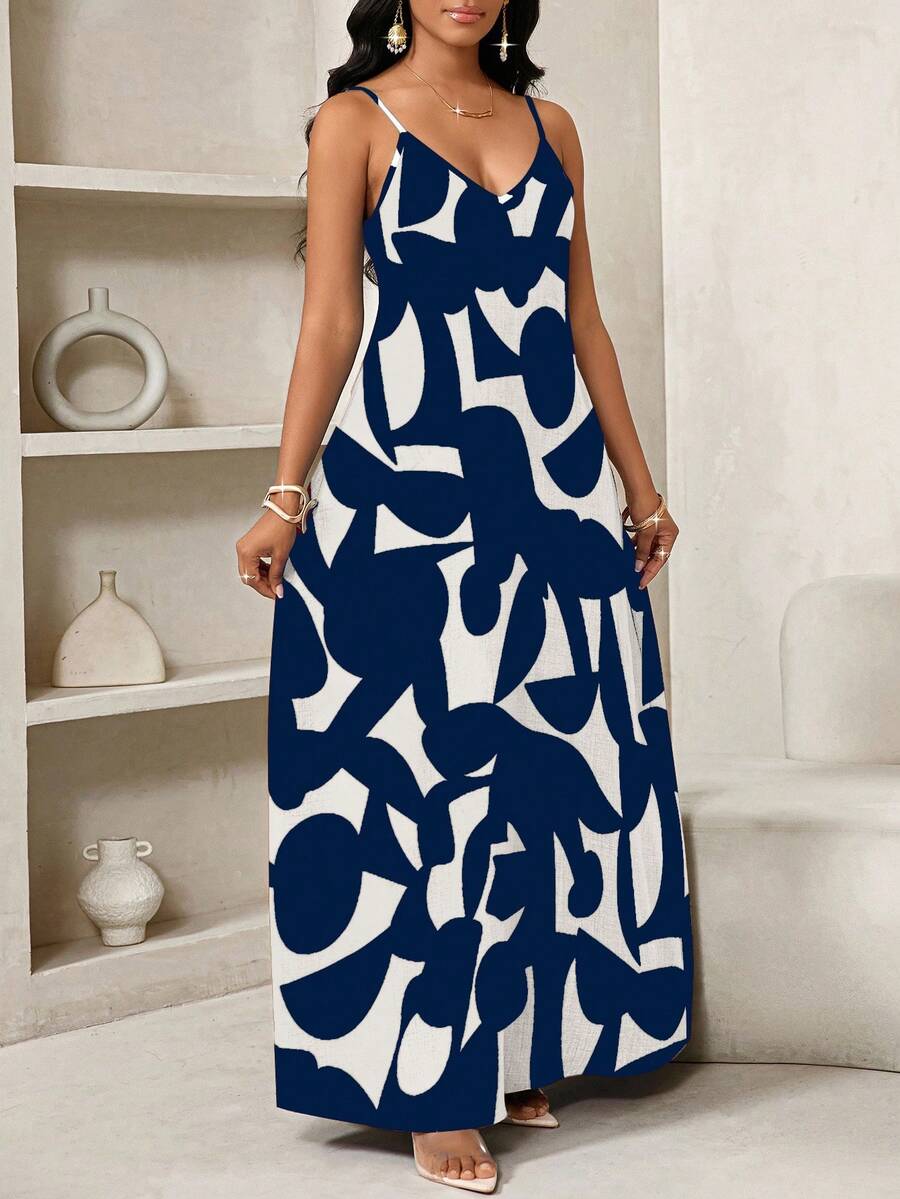 Vestido Maxi de Alças com Estampa Geométrica e Bolsos - La Lecce