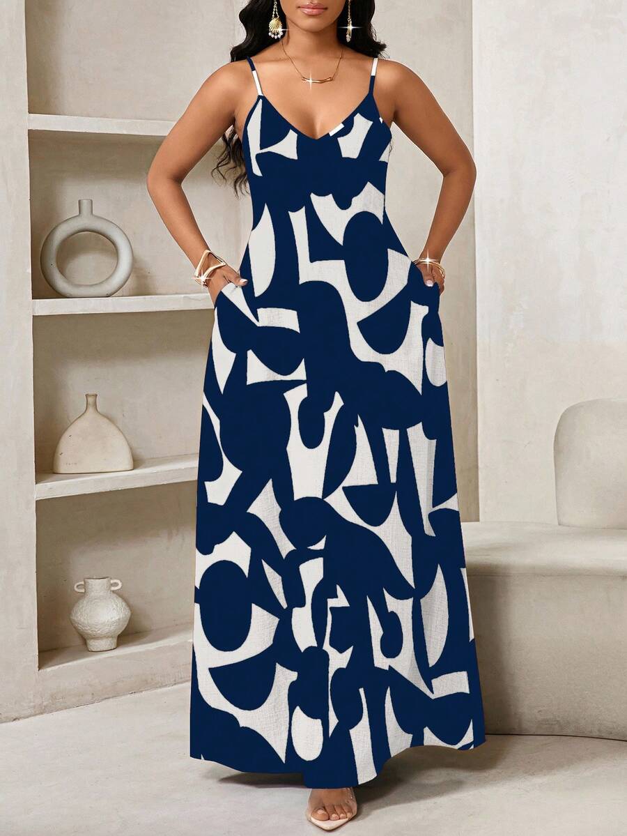 Vestido Maxi de Alças com Estampa Geométrica e Bolsos - La Lecce