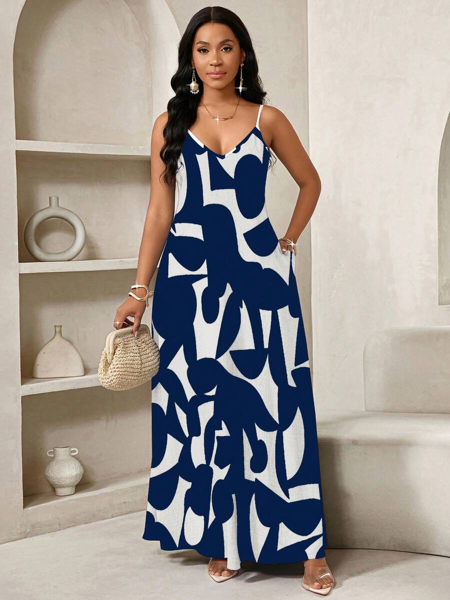 Vestido Maxi de Alças com Estampa Geométrica e Bolsos - La Lecce