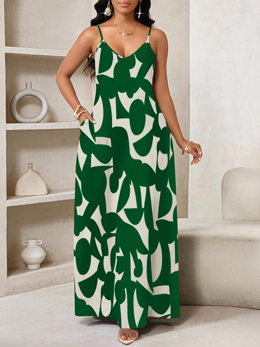 Vestido Maxi de Alças com Estampa Geométrica e Bolsos - La Lecce