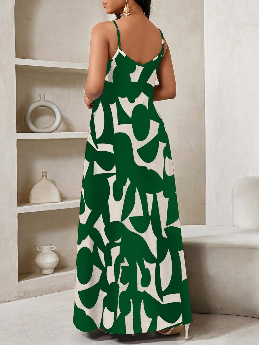 Vestido Maxi de Alças com Estampa Geométrica e Bolsos - La Lecce