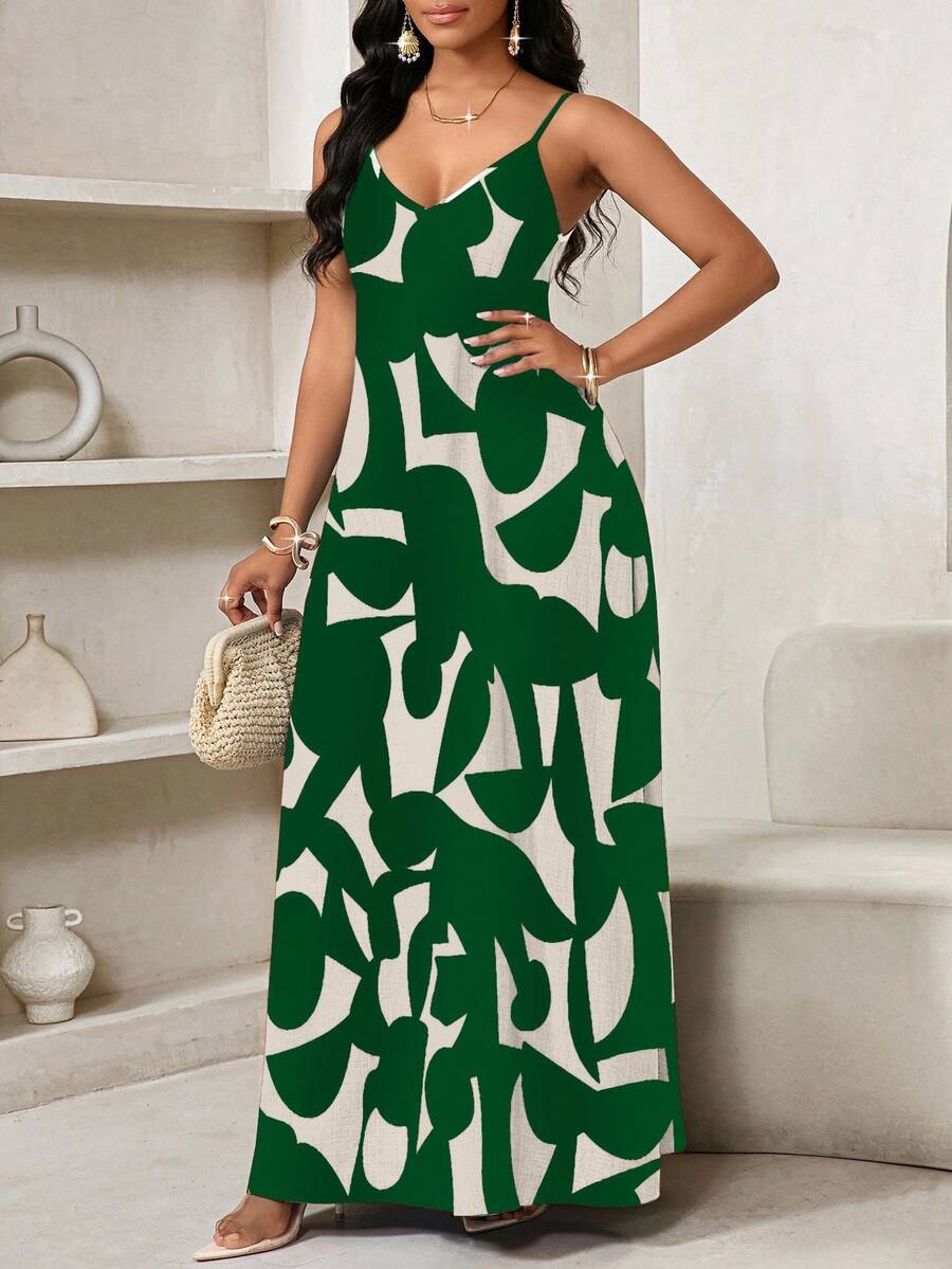 Vestido Maxi de Alças com Estampa Geométrica e Bolsos - La Lecce