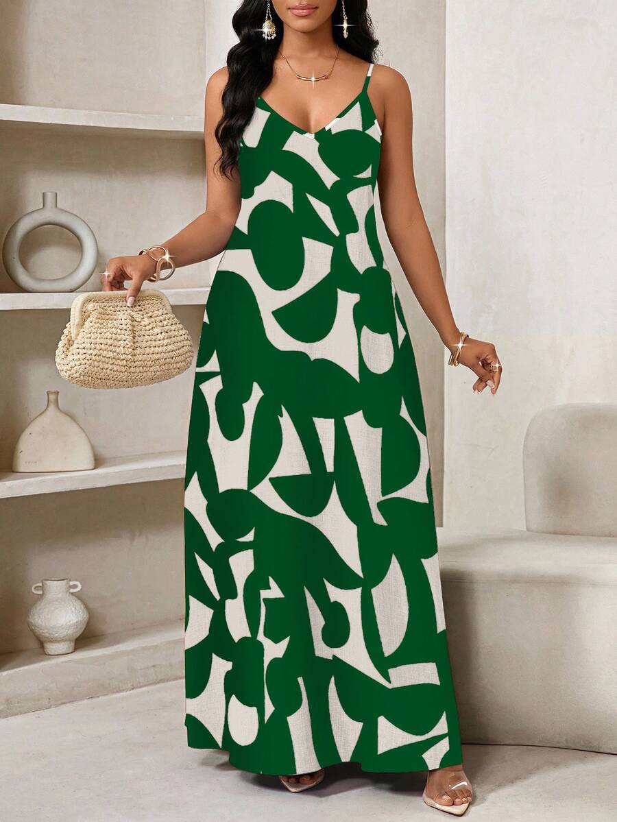 Vestido Maxi de Alças com Estampa Geométrica e Bolsos - La Lecce