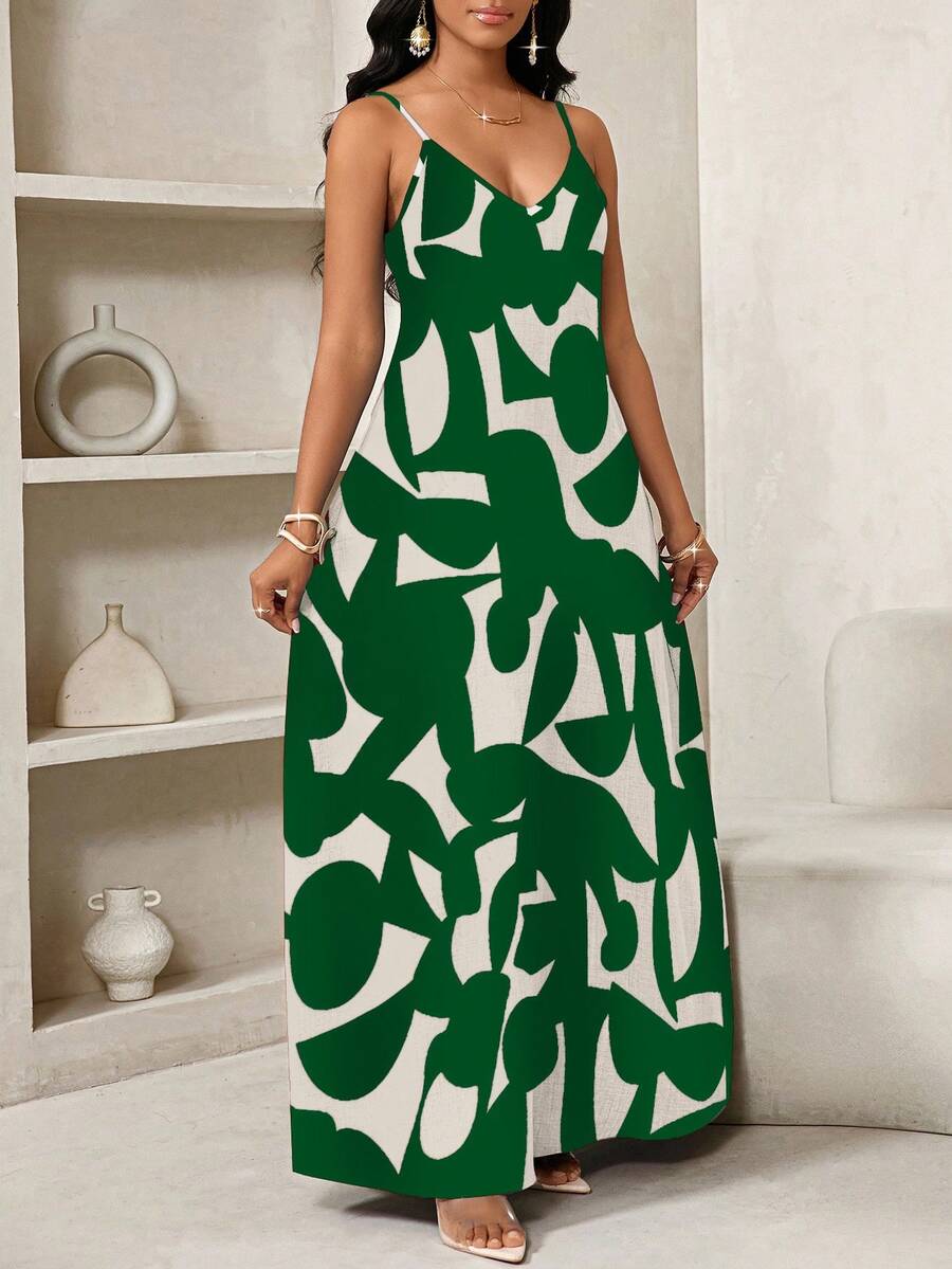 Vestido Maxi de Alças com Estampa Geométrica e Bolsos - La Lecce