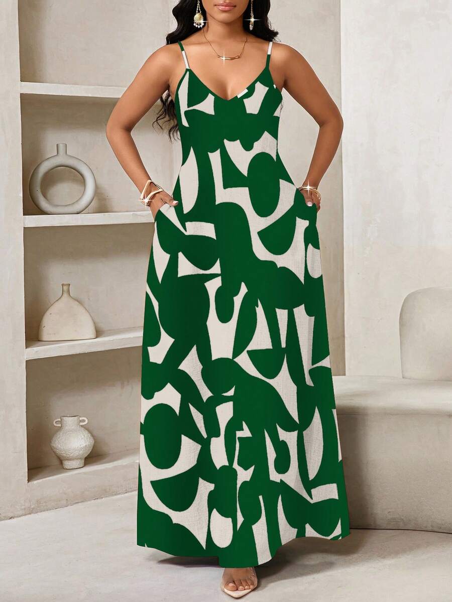 Vestido Maxi de Alças com Estampa Geométrica e Bolsos - La Lecce