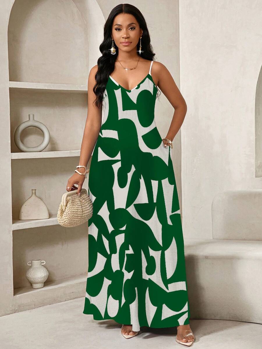Vestido Maxi de Alças com Estampa Geométrica e Bolsos - La Lecce