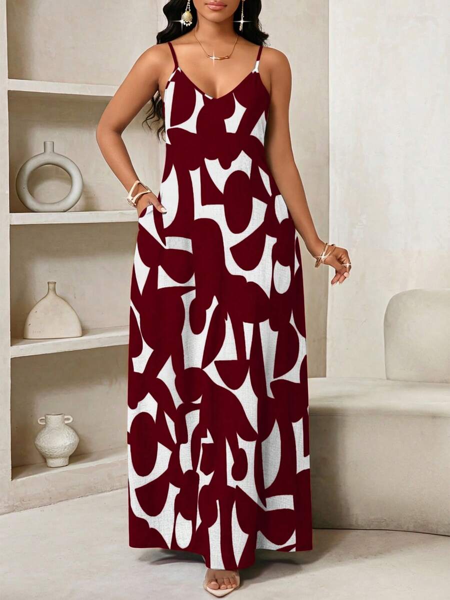 Vestido Maxi de Alças com Estampa Geométrica e Bolsos