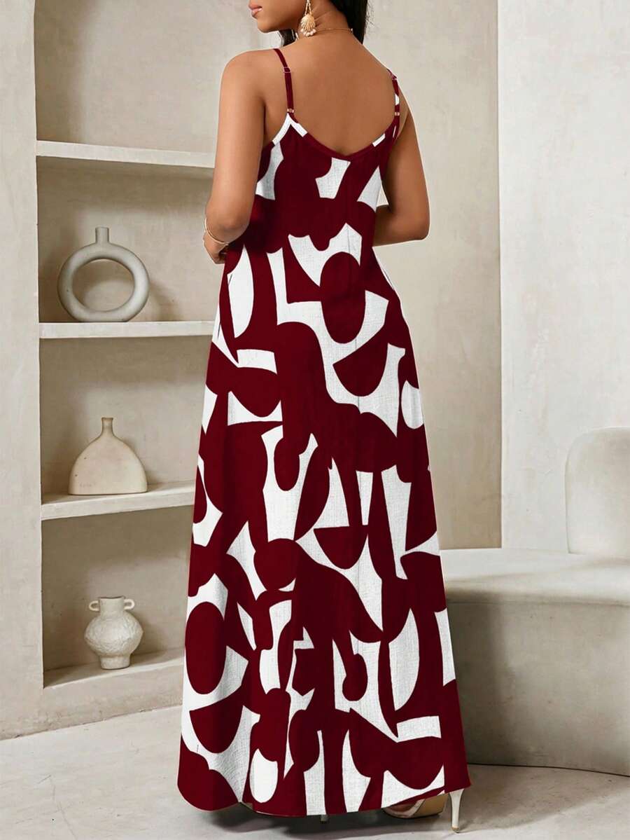 Vestido Maxi de Alças com Estampa Geométrica e Bolsos