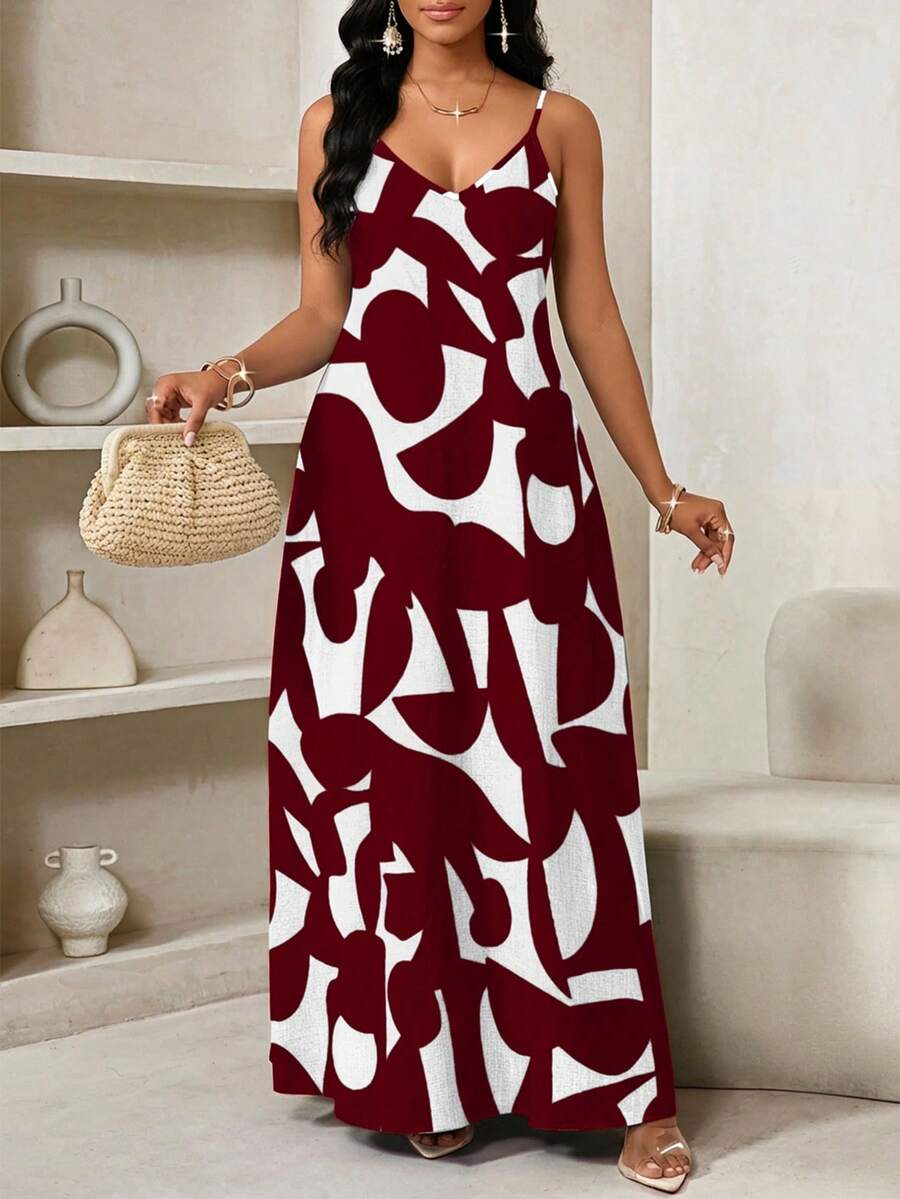 Vestido Maxi de Alças com Estampa Geométrica e Bolsos