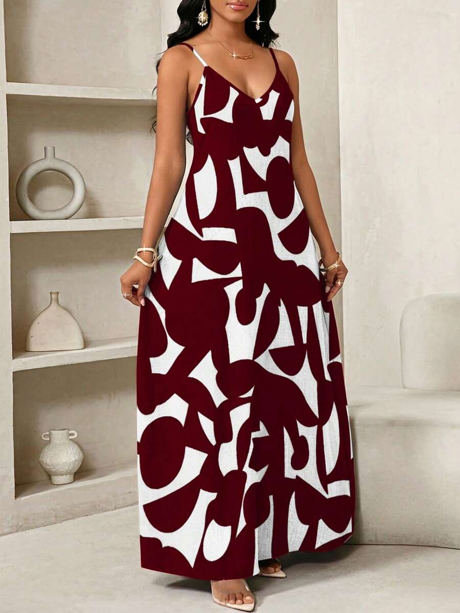 Vestido Maxi de Alças com Estampa Geométrica e Bolsos