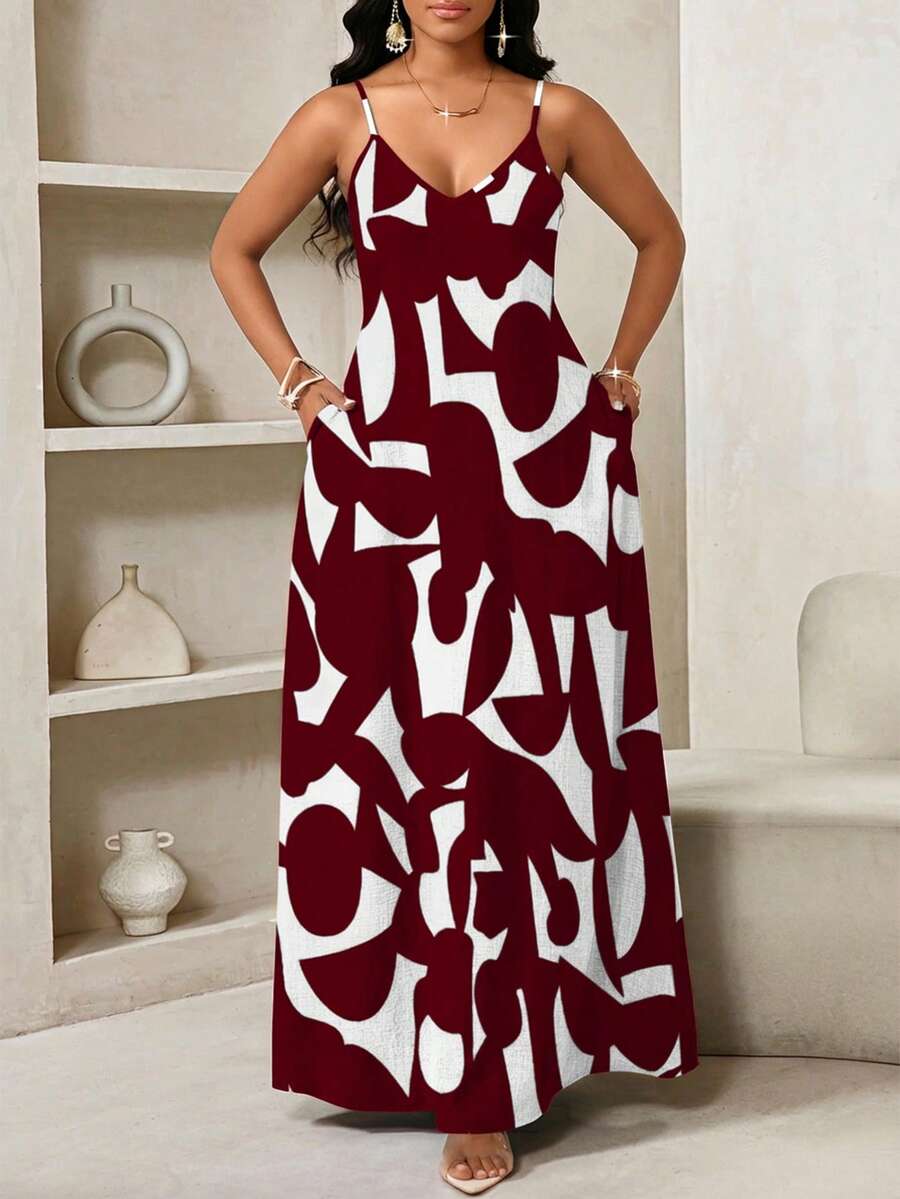 Vestido Maxi de Alças com Estampa Geométrica e Bolsos