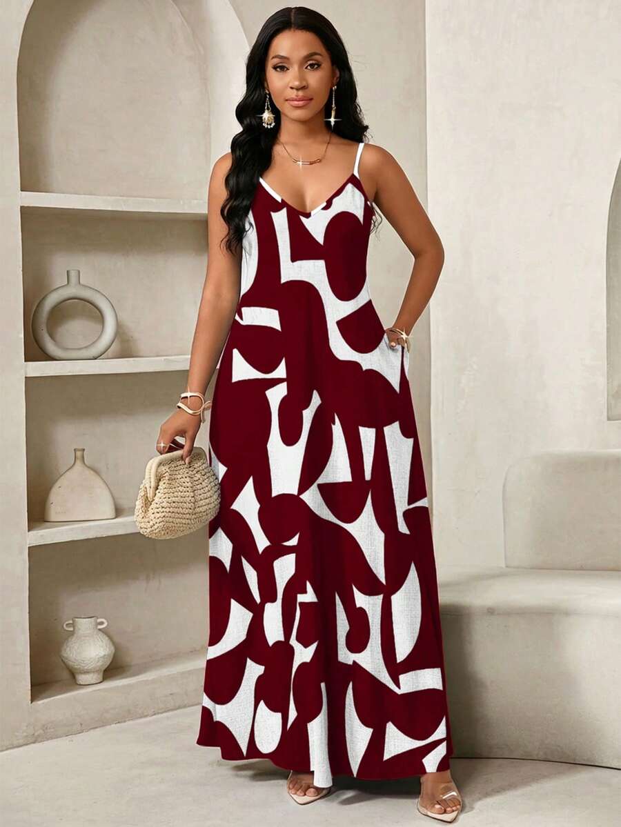 Vestido Maxi de Alças com Estampa Geométrica e Bolsos