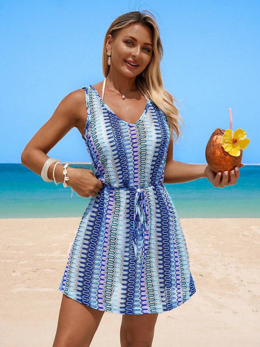 Vestido Saída de Praia Longo com Decote V e Laço Contrastante - La Lecce