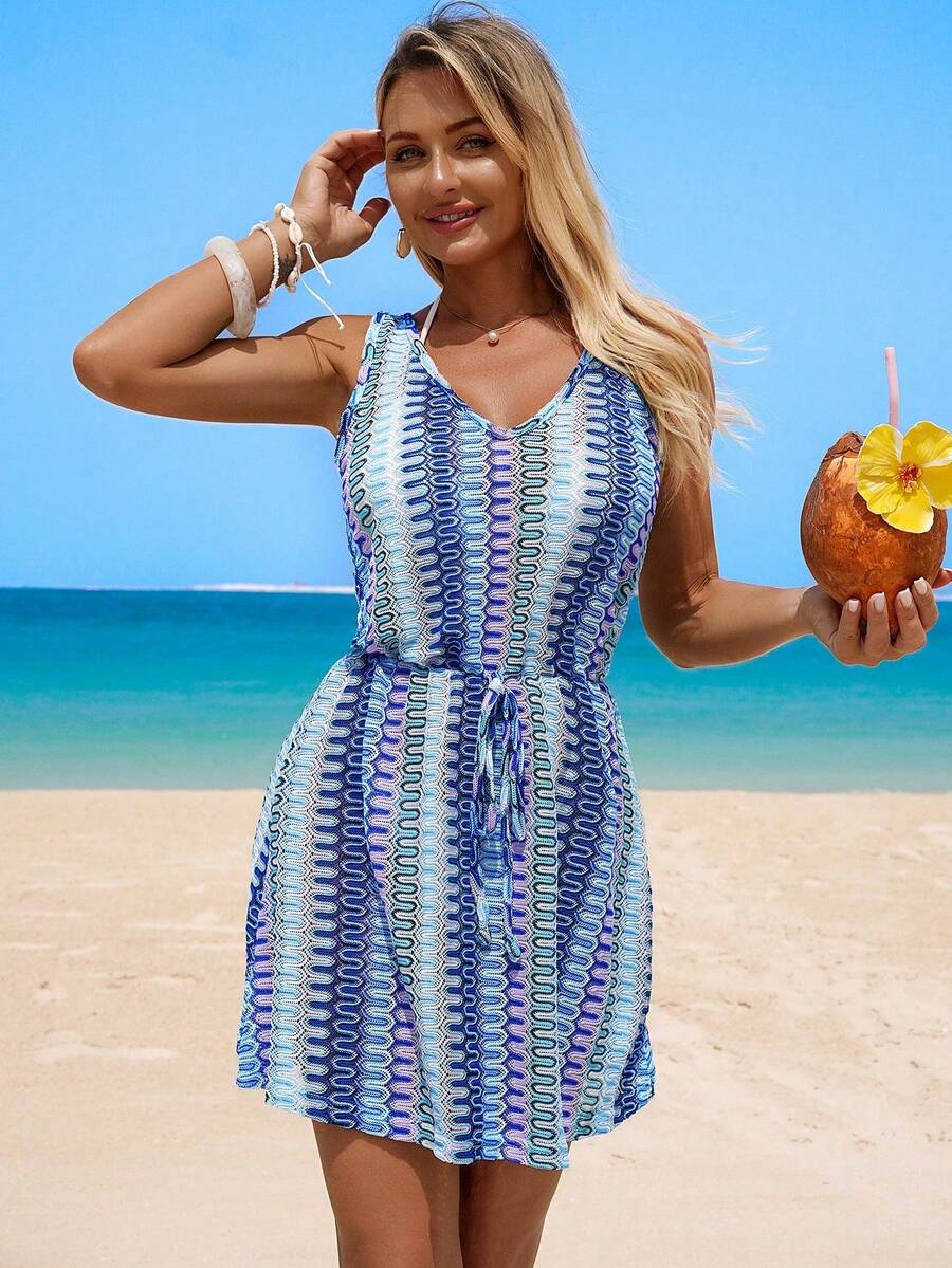 Vestido Saída de Praia Longo com Decote V e Laço Contrastante - La Lecce