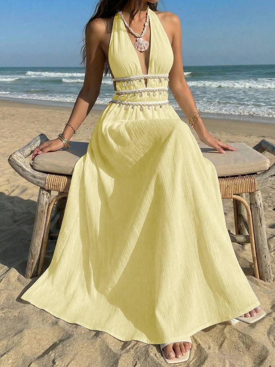 Vestido Saída de Praia Longo Frente Única com Nó e Bainha Plissada - La Lecce