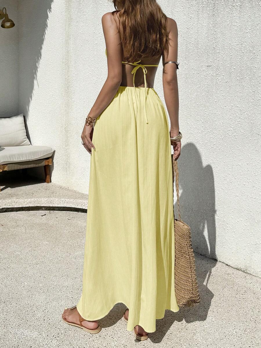 Vestido Saída de Praia Longo Frente Única com Nó e Bainha Plissada - La Lecce