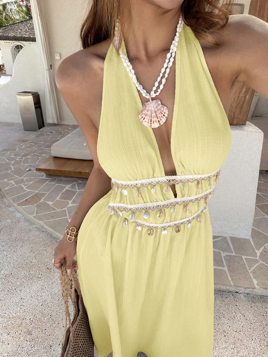 Vestido Saída de Praia Longo Frente Única com Nó e Bainha Plissada - La Lecce