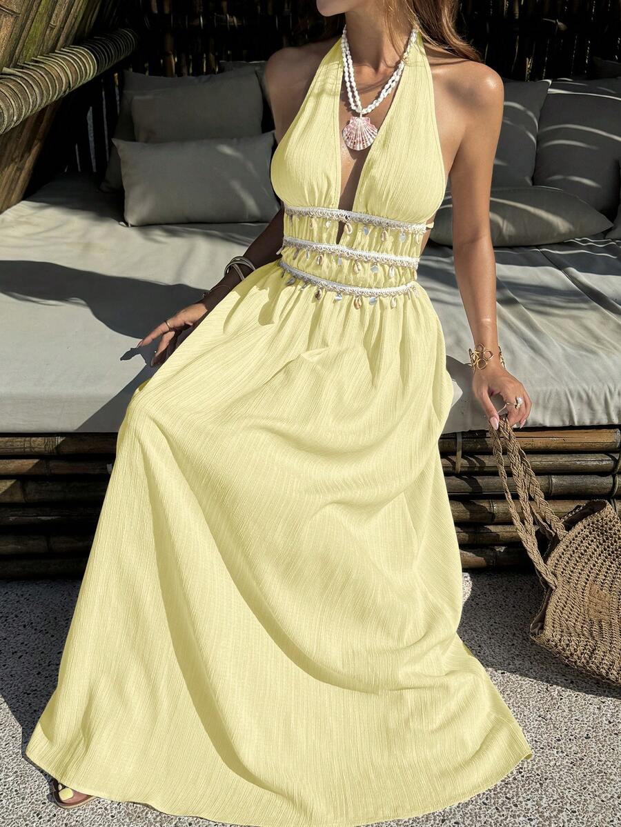 Vestido Saída de Praia Longo Frente Única com Nó e Bainha Plissada - La Lecce