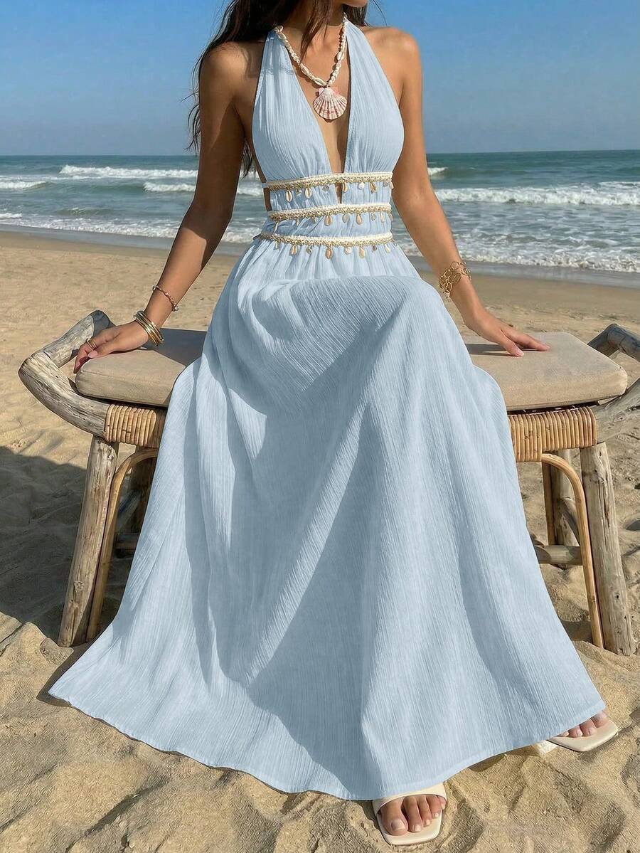 Vestido Saída de Praia Longo Frente Única com Nó e Bainha Plissada - La Lecce