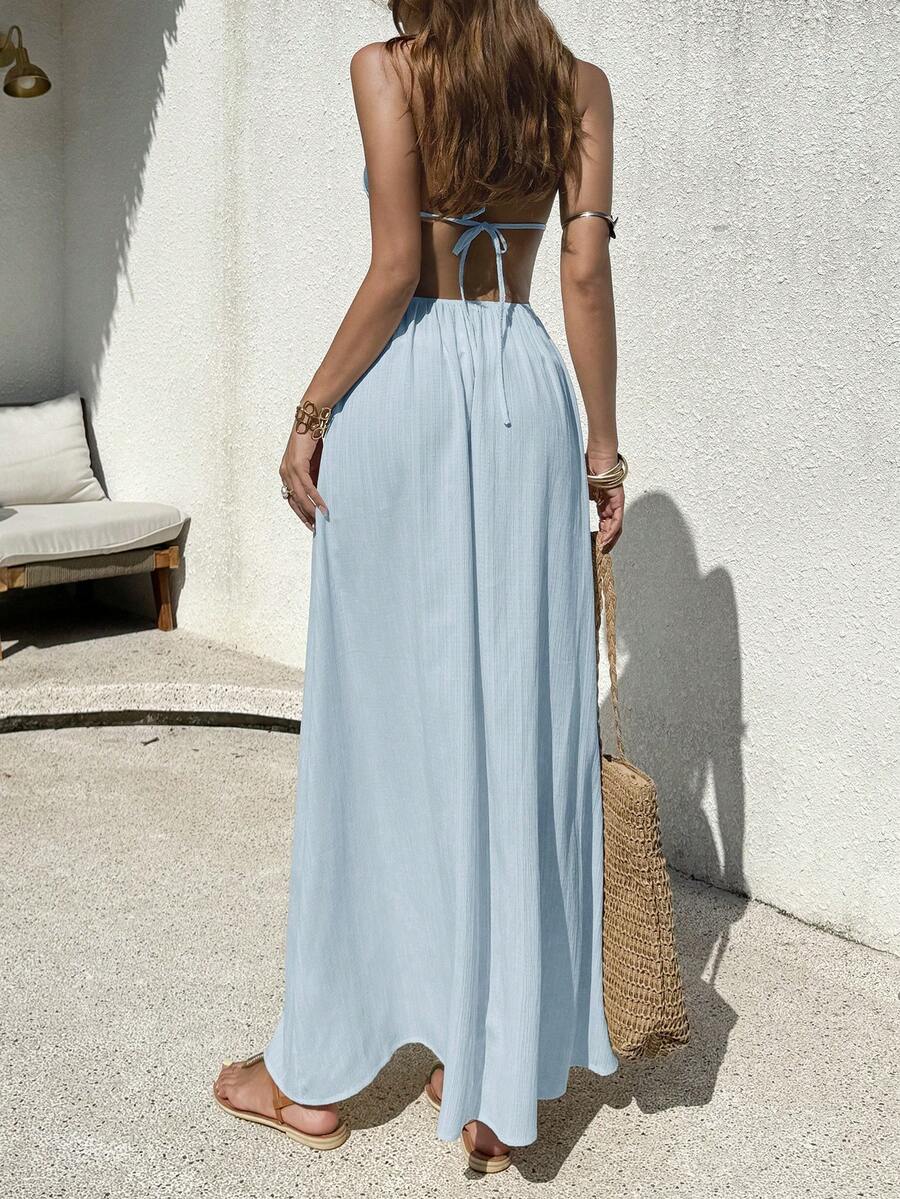 Vestido Saída de Praia Longo Frente Única com Nó e Bainha Plissada - La Lecce