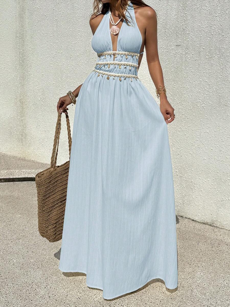 Vestido Saída de Praia Longo Frente Única com Nó e Bainha Plissada - La Lecce