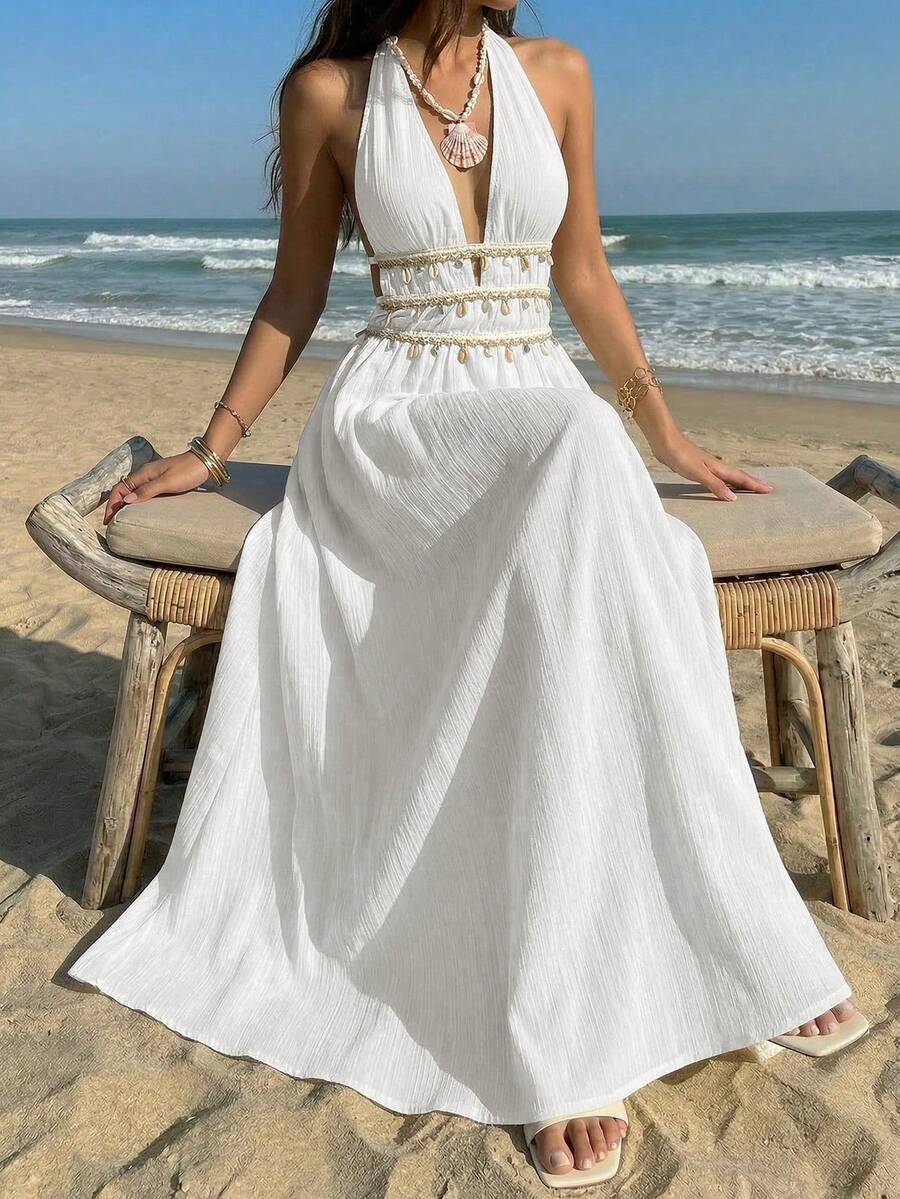 Vestido Saída de Praia Longo Frente Única com Nó e Bainha Plissada - La Lecce