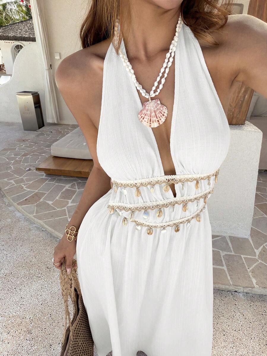 Vestido Saída de Praia Longo Frente Única com Nó e Bainha Plissada - La Lecce