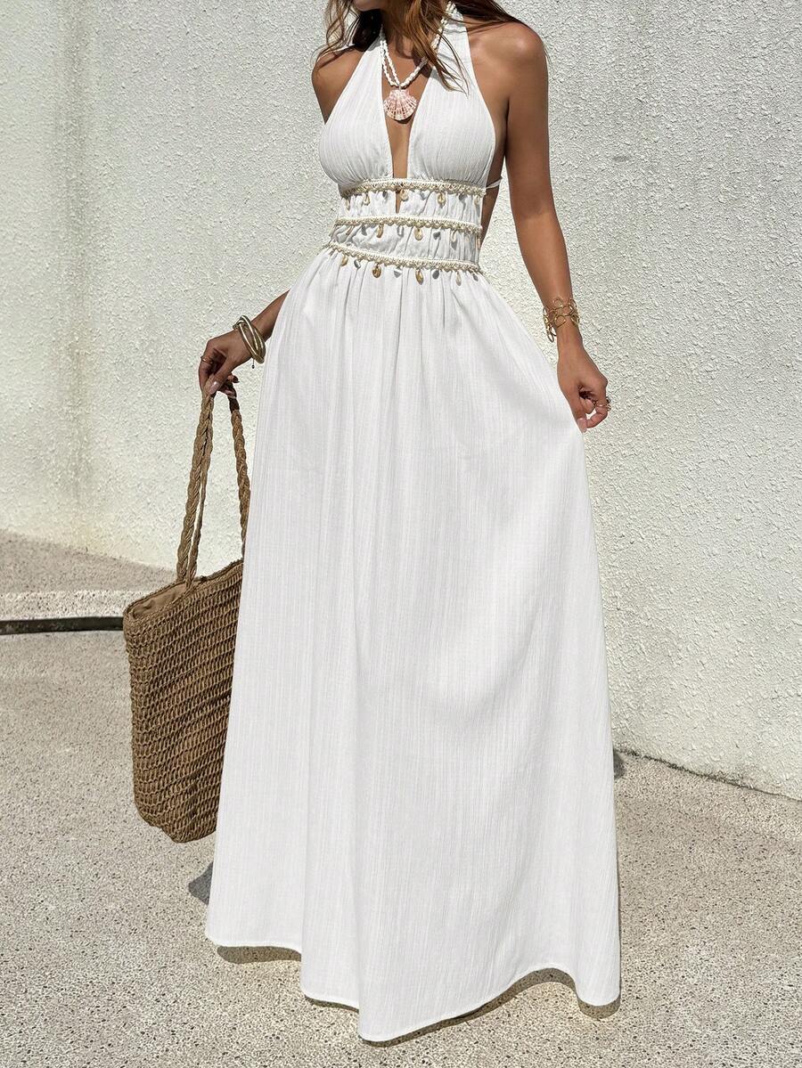 Vestido Saída de Praia Longo Frente Única com Nó e Bainha Plissada - La Lecce