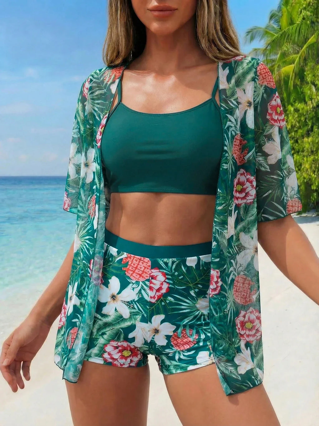 Conjunto de Biquíni 3 Peças Estampa Tropical