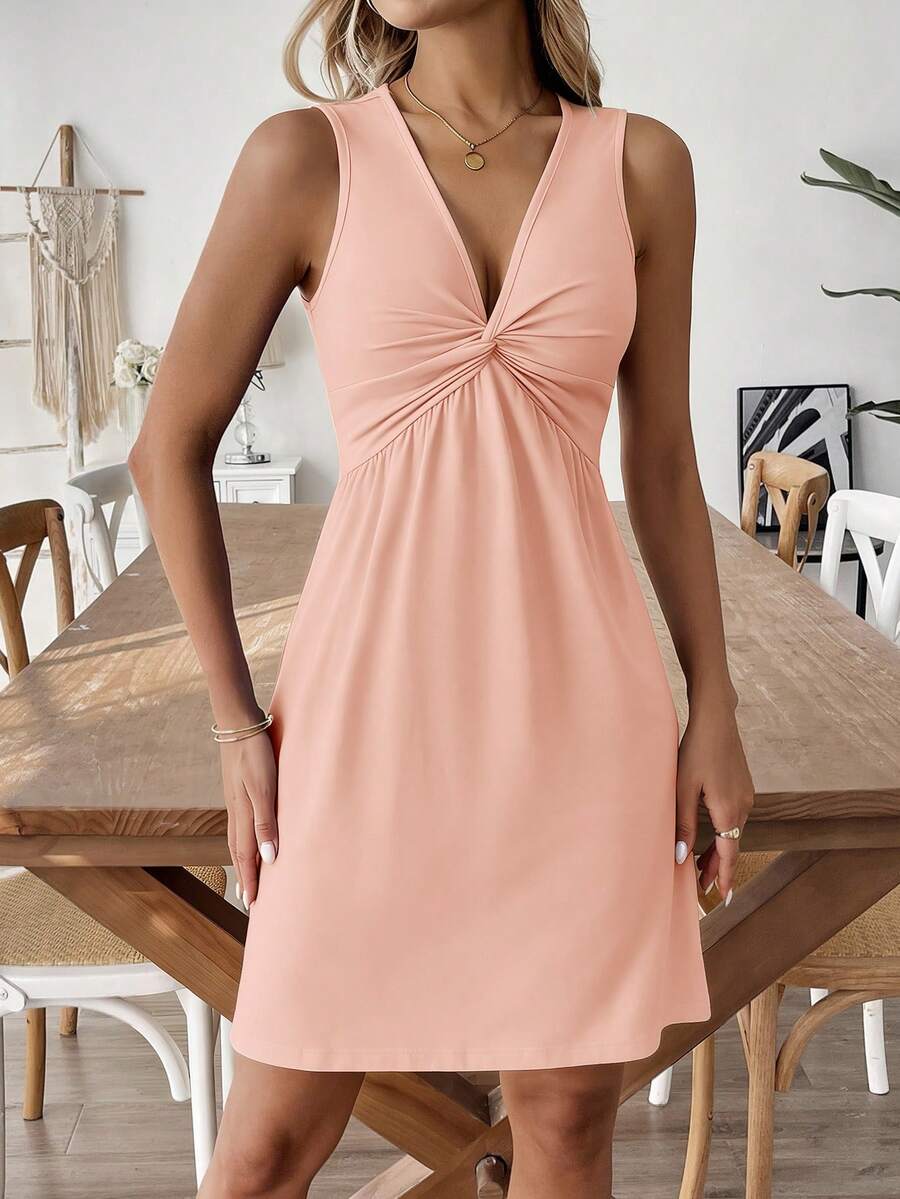 Vestido Midi Evasê Sem Mangas com Torção Frontal - La Lecce